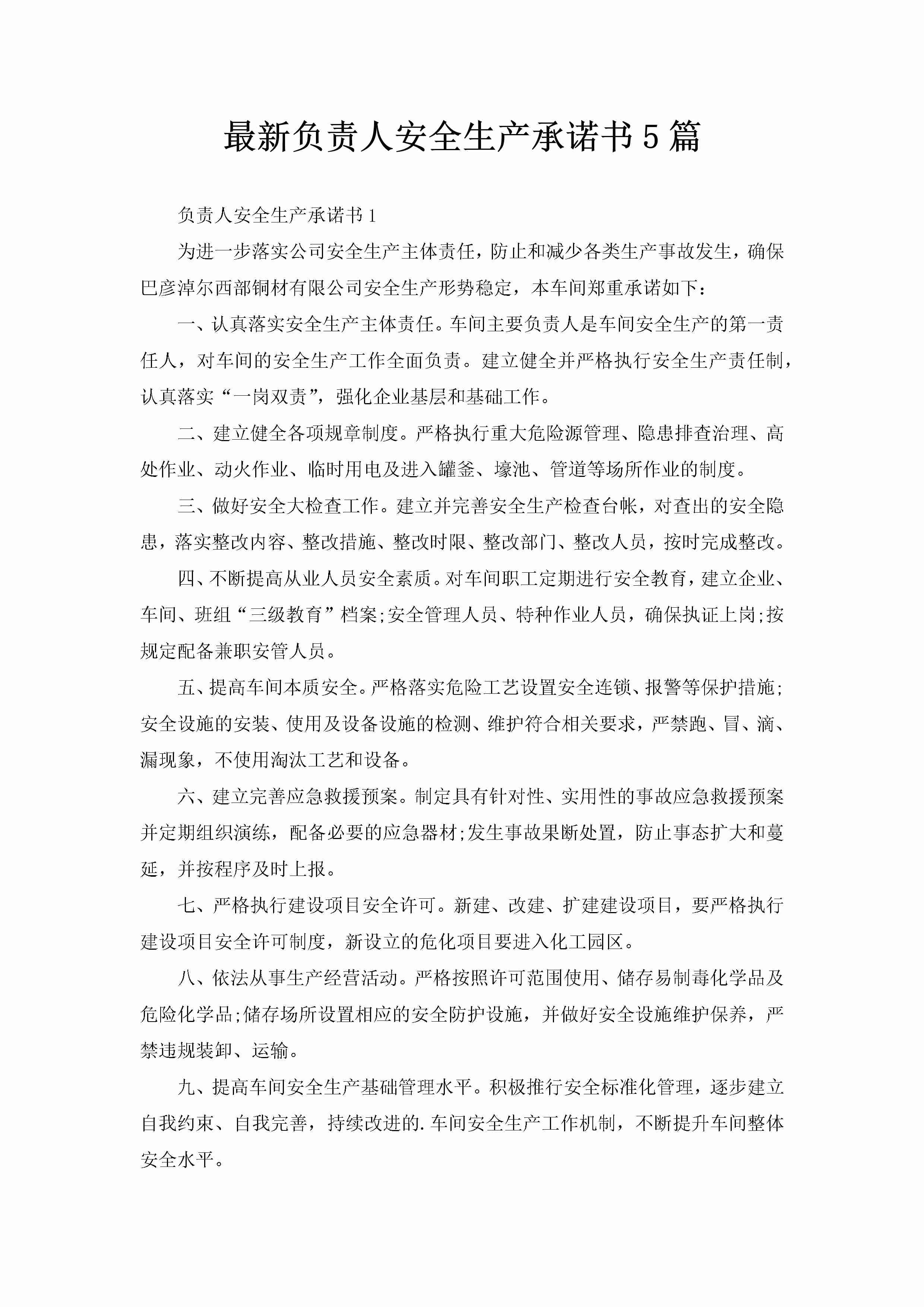 最新负责人安全生产承诺书5篇-聚给网