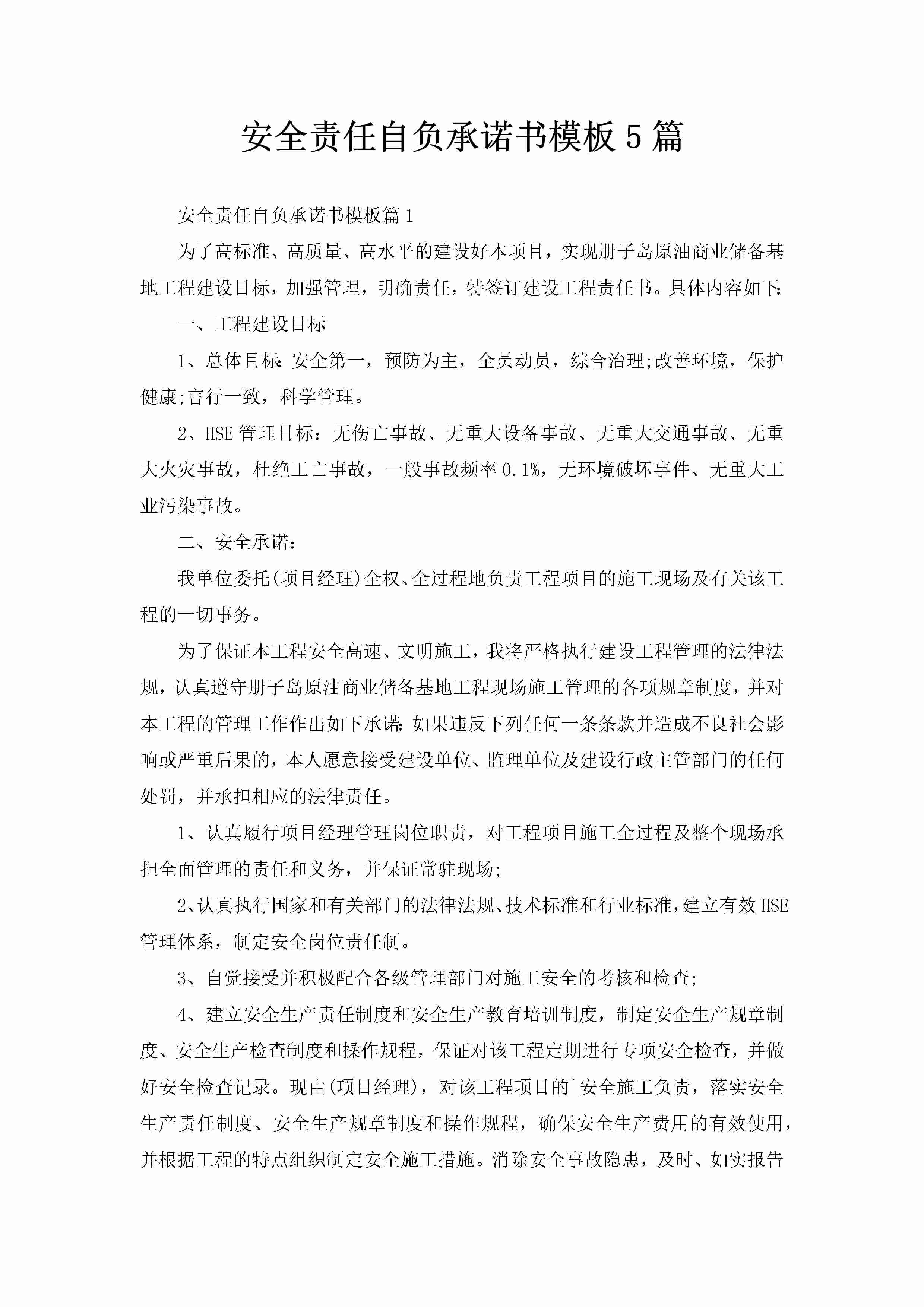 安全责任自负承诺书模板5篇-聚给网